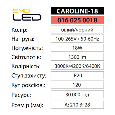 Світильник світлодіодний Накладний CAROLINE-18 6000K 18W Білий Світильник світлодіодний Накладний CAROLINE-18 6000K 18W Білий