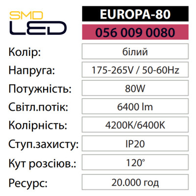 Світильник світлодіодний Врізний EUROPA-80 6400K 80W Білий Світильник світлодіодний Врізний EUROPA-80 6400K 80W Білий