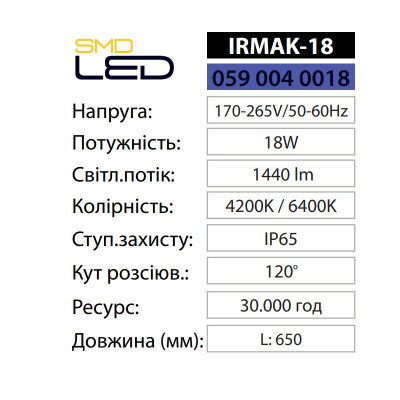 Світильник світлодіодний ПВЗ лінійний IRMAK-18 4200K 18W IP65 Світильник світлодіодний ПВЗ лінійний IRMAK-18 4200K 18W IP65