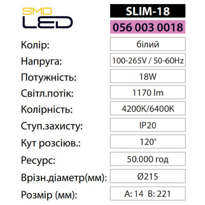 Світильник світлодіодний Врізний SLIM-18 6400K 18W Білий Світильник світлодіодний Врізний SLIM-18 6400K 18W Білий
