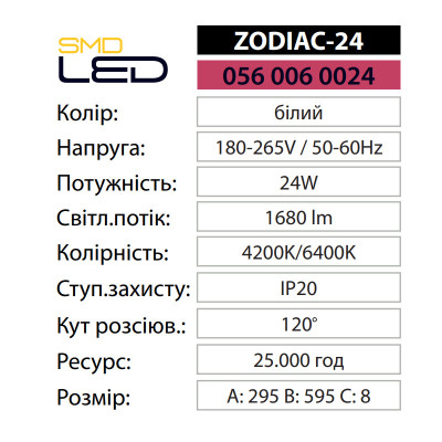 Світильник світлодіодний Врізний ZODIAC-24 6400K 24W Білий Світильник світлодіодний Врізний ZODIAC-24 6400K 24W Білий