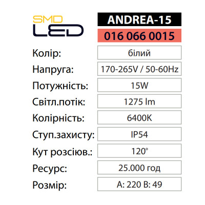 Світильник світлодіодний Накладний ANDREA-15 6400K 15W Білий Світильник світлодіодний Накладний ANDREA-15 6400K 15W Білий