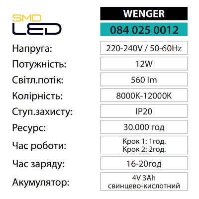 Світильник аварійний WENGER 12W IP20