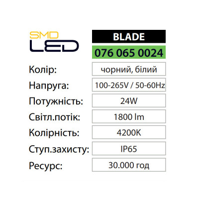 Світильник фасадний світлодіодний BLADE 4200K 24W IP65 Білий Світильник фасадний світлодіодний BLADE 4200K 24W IP65 Білий