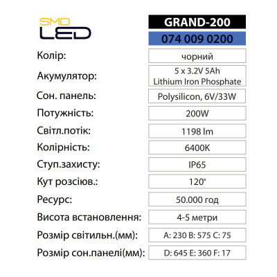 Светильник светодиодный консольный с солнечной панелью GRAND-200 6400K 200W IP65