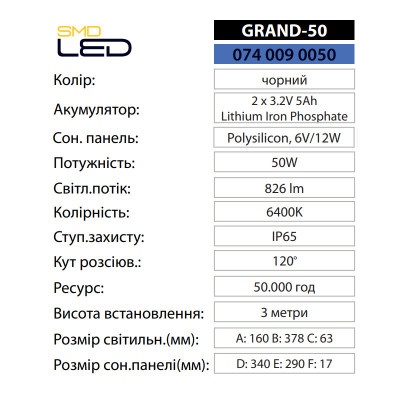 Світильник світлодіодний консольний з сонячною панеллю GRAND-50 6400K 50W IP65 Світильник світлодіодний консольний з сонячною панеллю GRAND-50 6400K 50W IP65