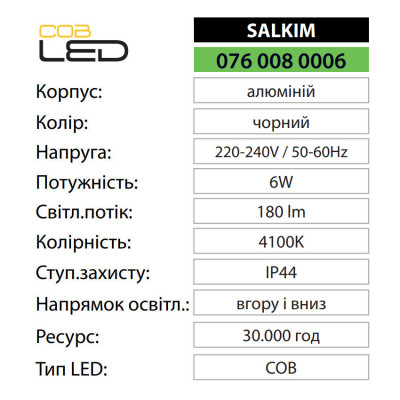 Світильник фасадний світлодіодний SALKIM 4100K 6W IP44 Чорний