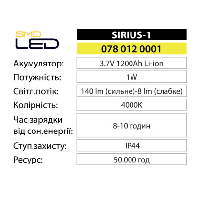 Світильник фасадний світлодіодний з сонячною панеллю SIRIUS-1 4000K 1W IP44 Чорний Світильник фасадний світлодіодний з сонячною панеллю SIRIUS-1 4000K 1W IP44 Чорний