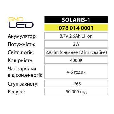 Светильник фасадный светодиодный с солнечной панелью SOLARIS-1 4000K 2W IP65 Черный
