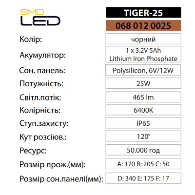 Прожектор світлодіодний з сонячною панеллю TIGER-25 6400K 25W IP65