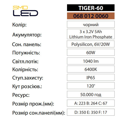 Прожектор світлодіодний з сонячною панеллю TIGER-60 6400K 60W IP65
